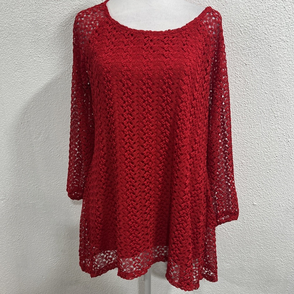 Covington Blouse Womens 1X Red Lace Open Knit Long Sleeves Polyester